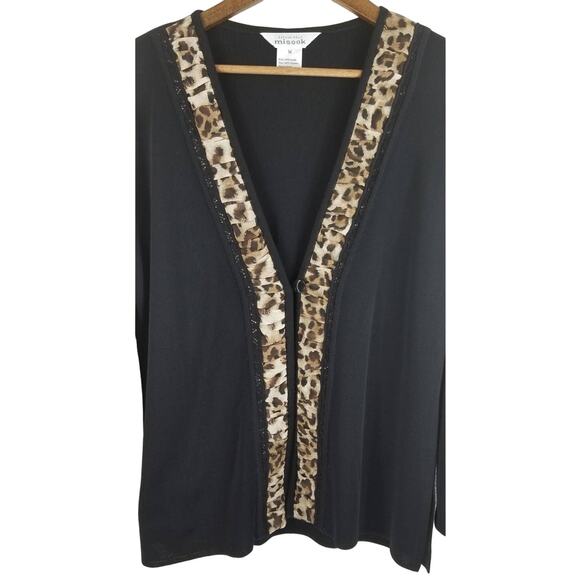 Exclusively Misook Black Animal Print Trim Cardigan Sweater M - Picture 2 of 4